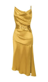 BANDAGE RUCHED MIDI DRESS IN GOLD