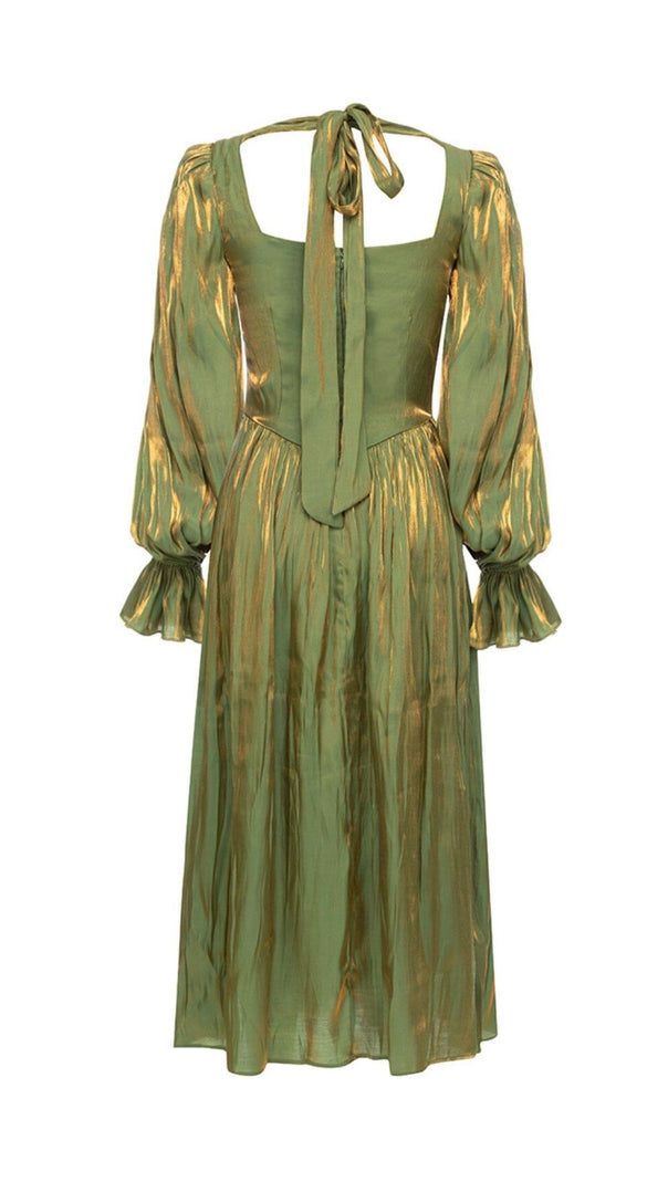 AIIZIE GREEN LOW-CUT PUFF SLEEVE PLEATED LOOSE DRESS - product image