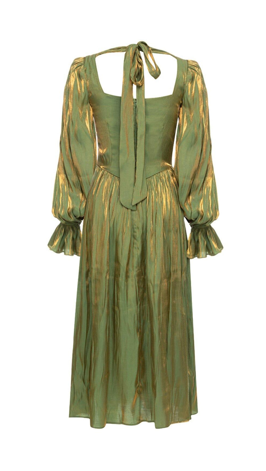 GREEN LOW-CUT PUFF SLEEVE PLEATED LOOSE DRESS