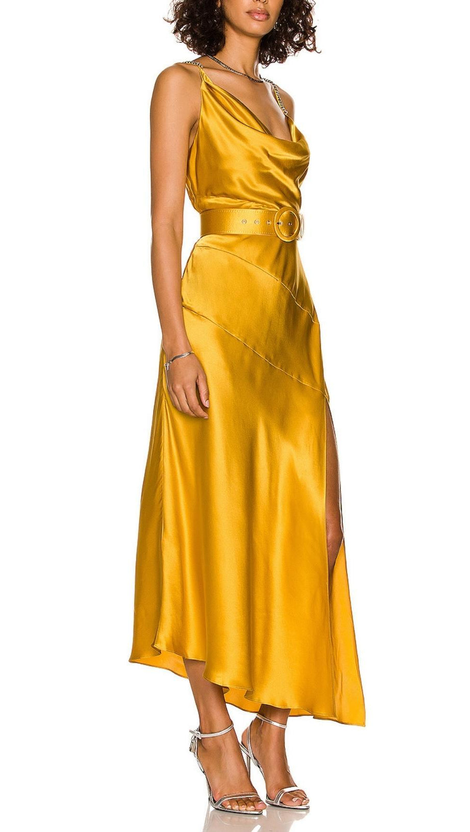 ABITO MIDI CON BENDAGGIO E RUCHES IN ORO