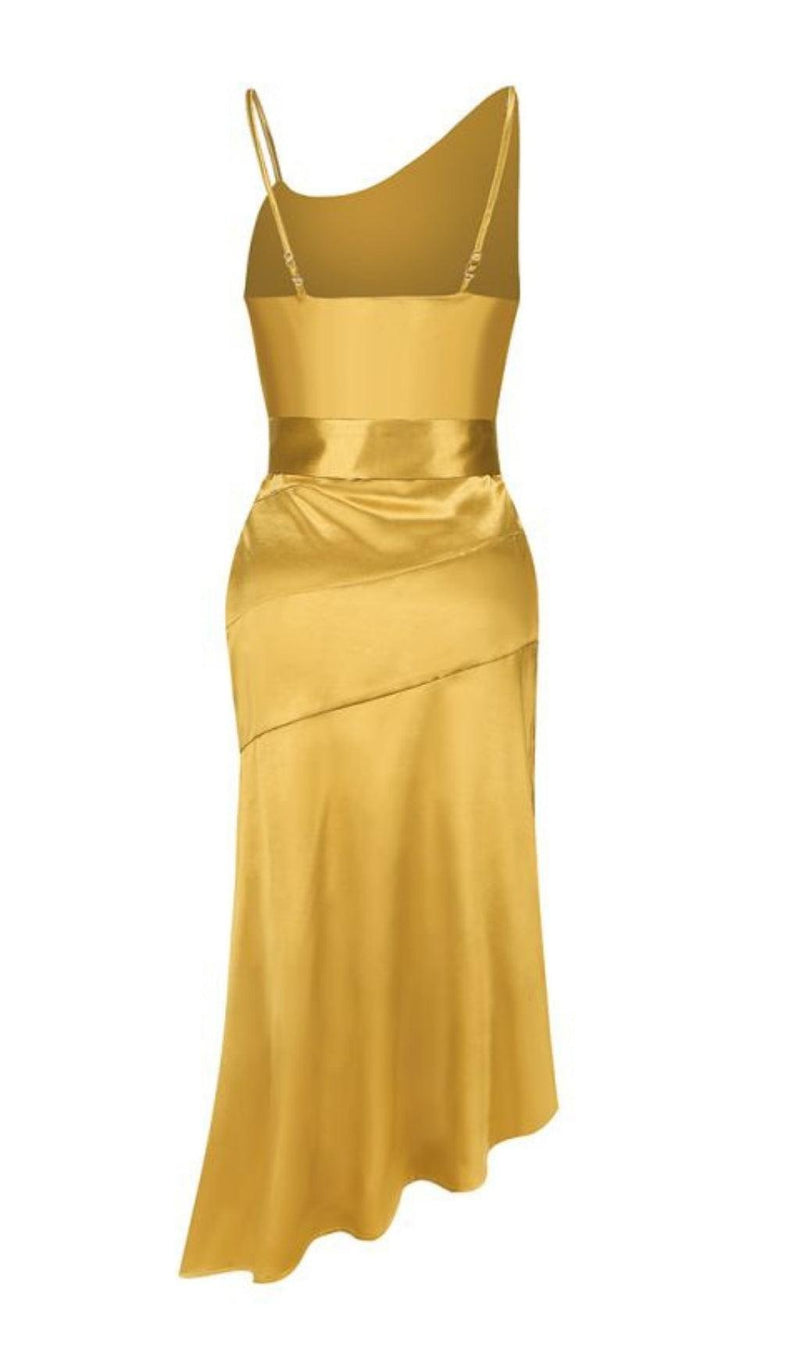 BANDAGE RUCHED MIDI DRESS IN GOLD