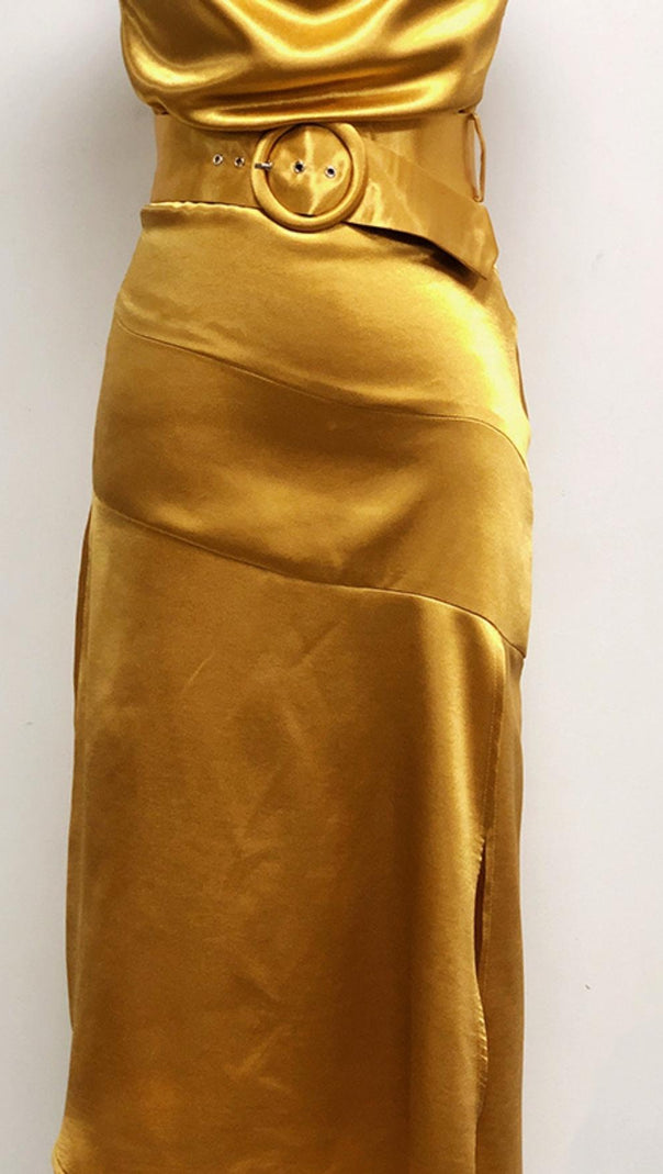 AIIZIE BANDAGE RUCHED MIDI DRESS IN GOLD - product image