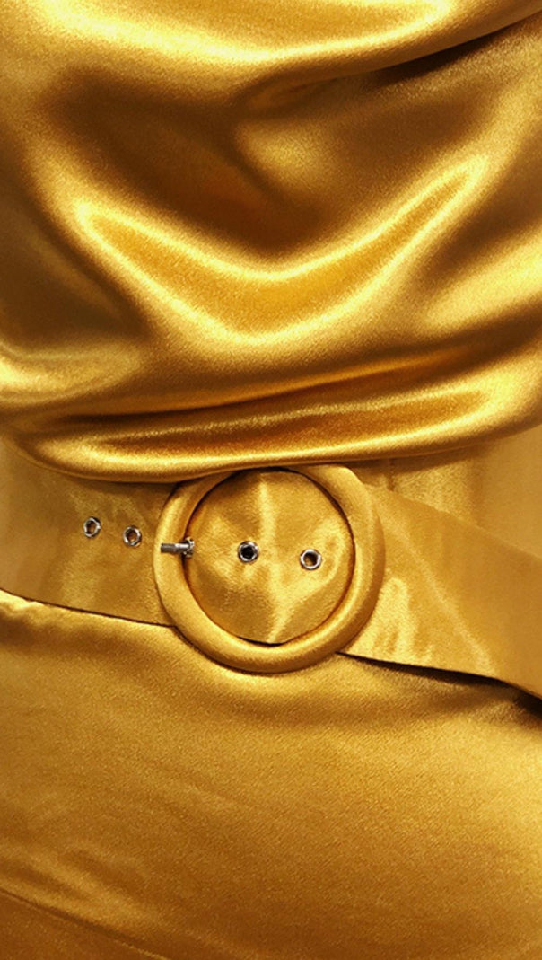 AIIZIE BANDAGE RUCHED MIDI DRESS IN GOLD - product image