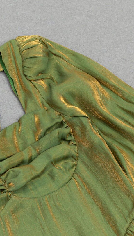 GREEN LOW-CUT PUFF SLEEVE PLEATED LOOSE DRESS