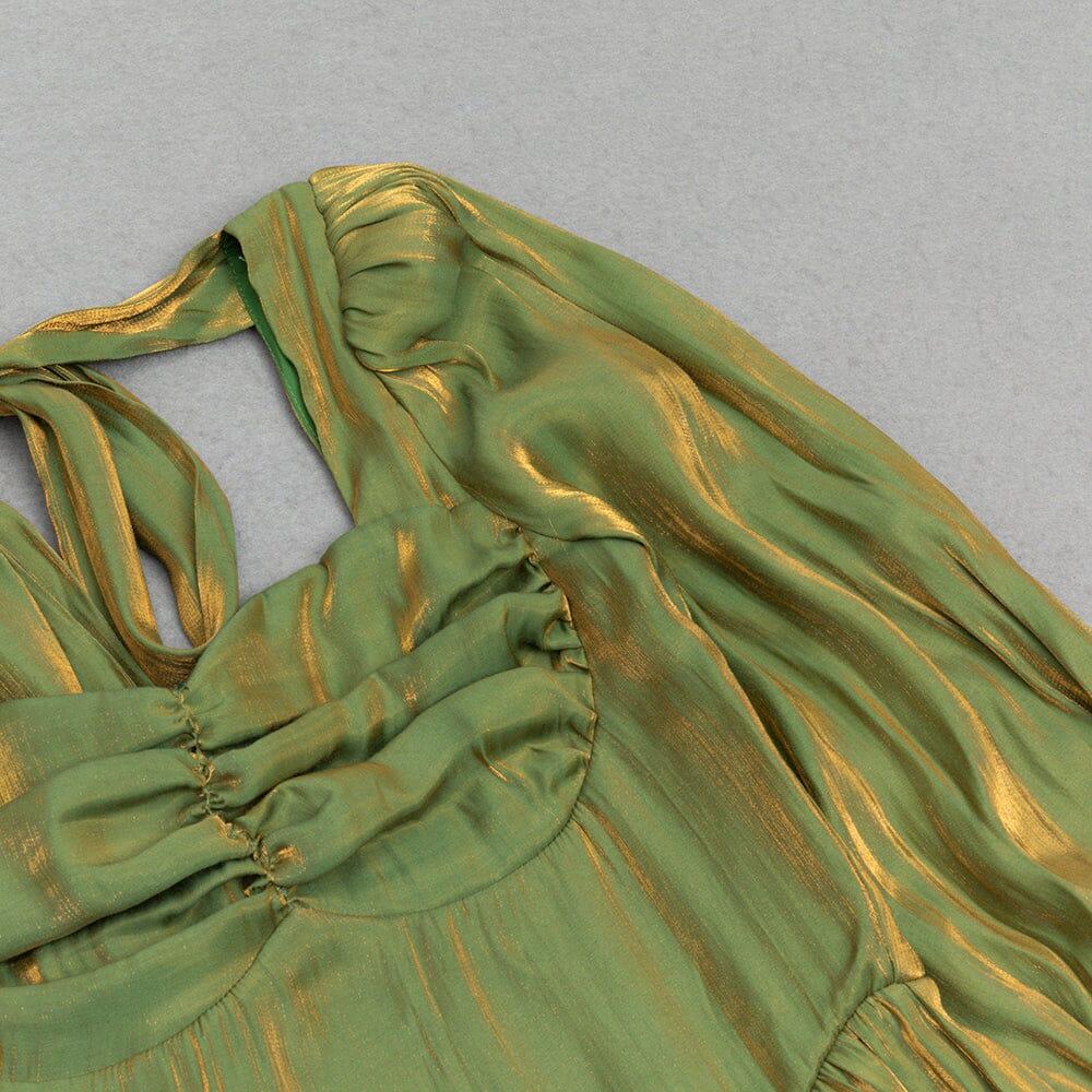 AIIZIE GREEN LOW-CUT PUFF SLEEVE PLEATED LOOSE DRESS - product image