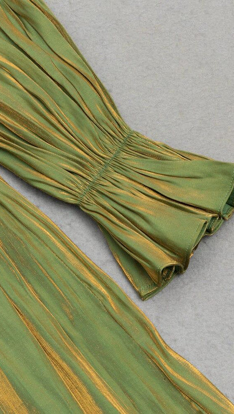 GREEN LOW-CUT PUFF SLEEVE PLEATED LOOSE DRESS