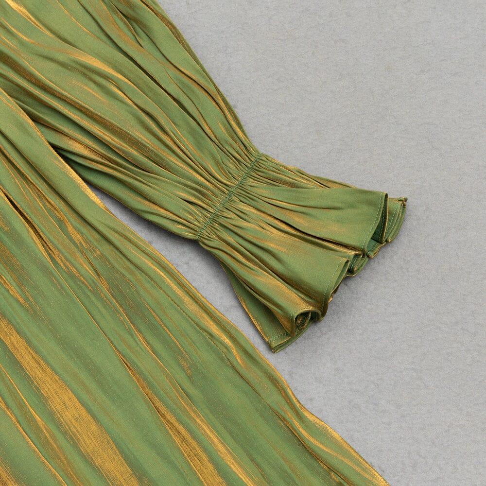 AIIZIE GREEN LOW-CUT PUFF SLEEVE PLEATED LOOSE DRESS - product image