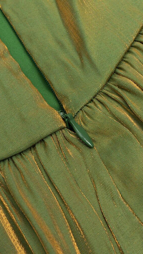 GREEN LOW-CUT PUFF SLEEVE PLEATED LOOSE DRESS