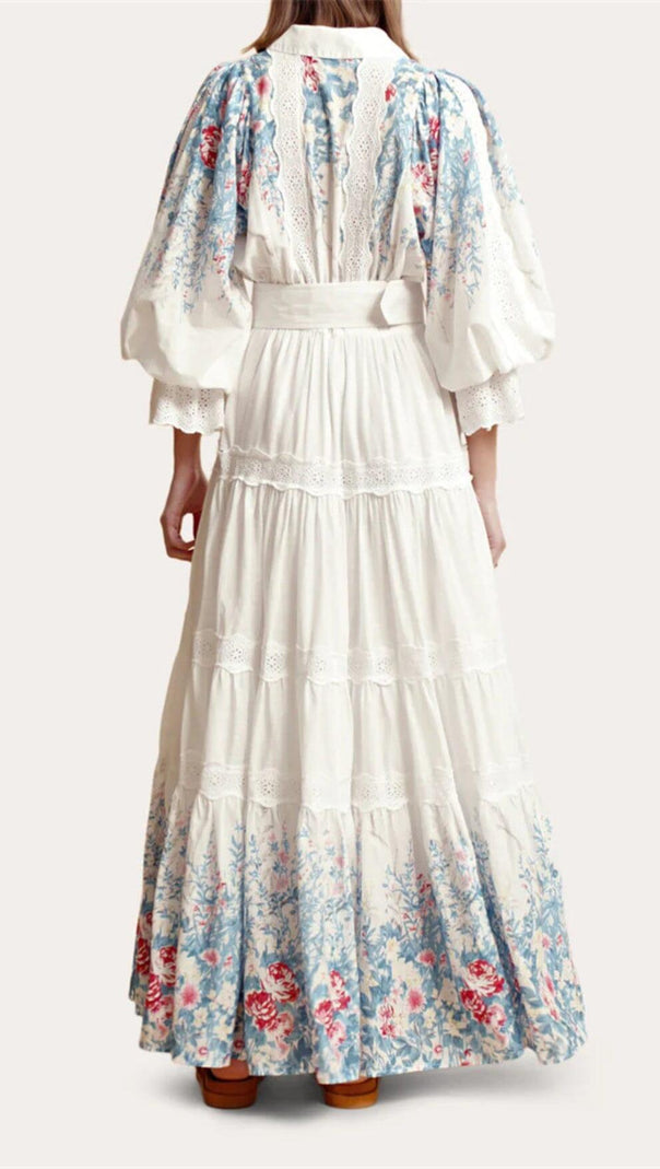 AIIZIE WHITE COTTON LAPEL GATHERED WAIST FLORAL PRINTED MAXI DRESS - product image