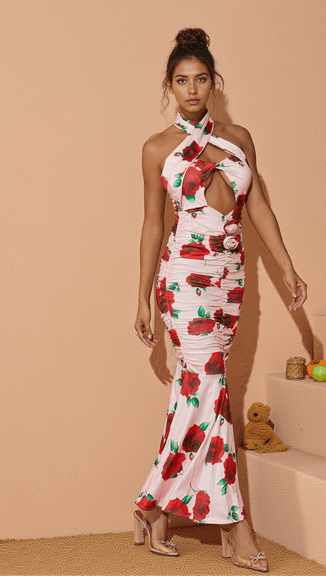 CHARLOTTE HALTERNECK ROSE PRINTED MAXI DRESS