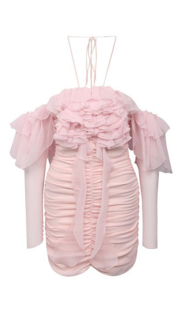 AIIZIE FRILL BARDOT MINI DRESS IN BABY PINK - product image