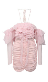 FRILL BARDOT MINI DRESS IN BABY PINK