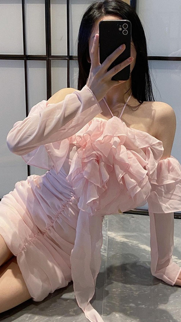 AIIZIE FRILL BARDOT MINI DRESS IN BABY PINK - product image