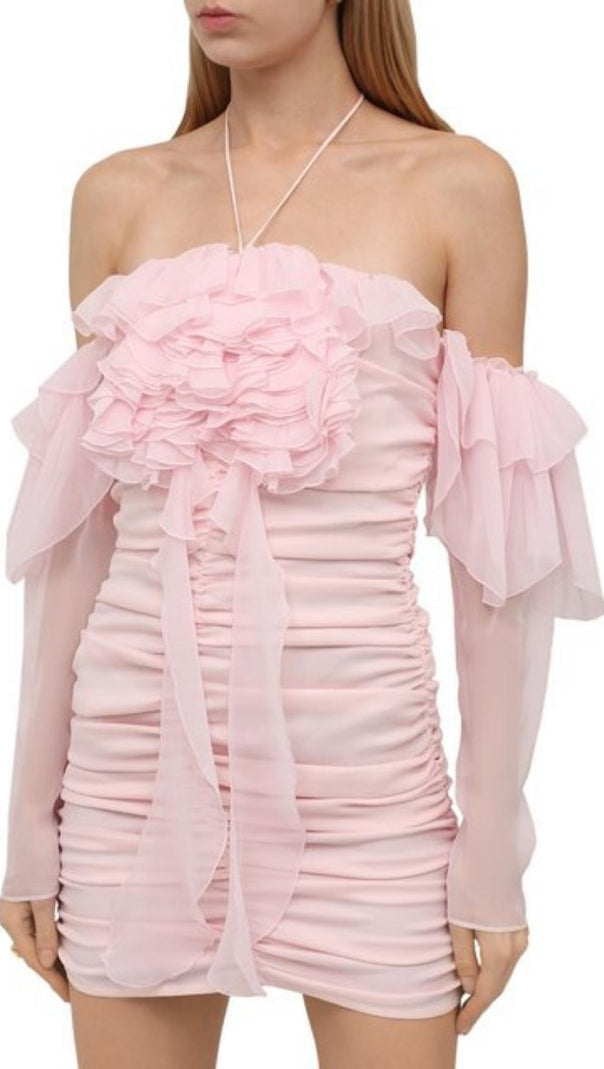 AIIZIE FRILL BARDOT MINI DRESS IN BABY PINK - product image