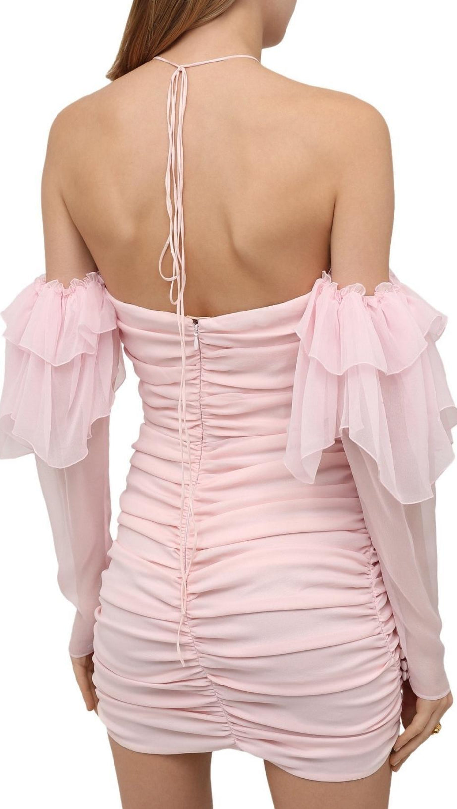 BARDOT-MINIKLEID MIT RÜSCHEN IN BABYROSA