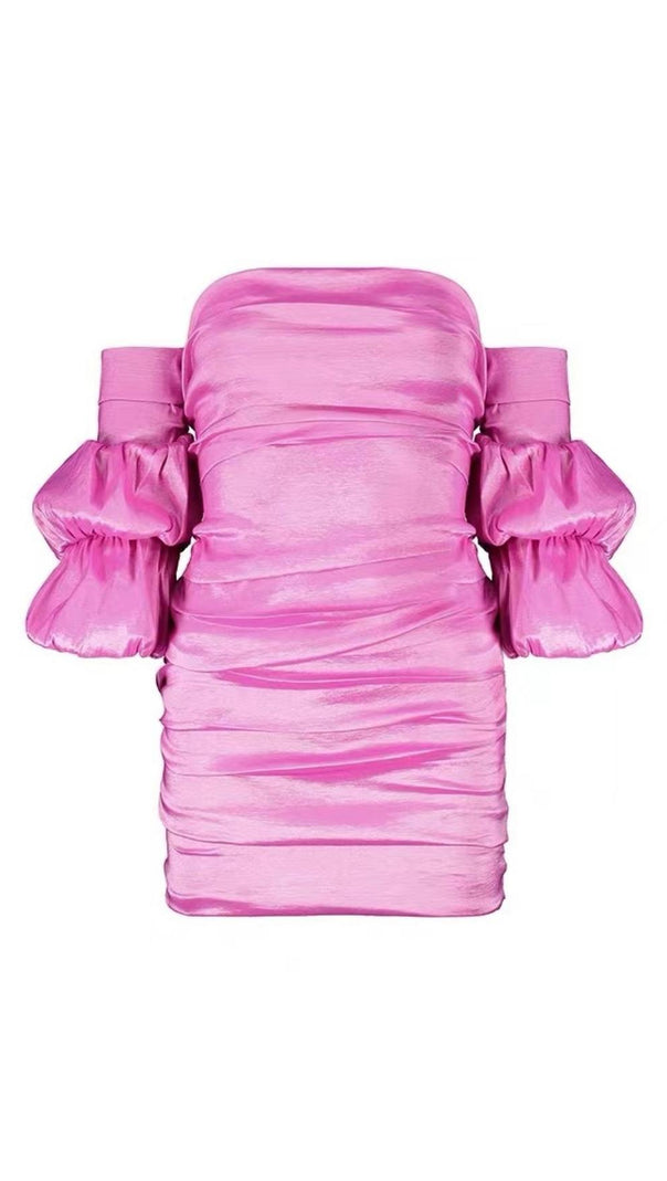 AIIZIE SATIN BARDOT MINI DRESS IN HOT PINK - product image
