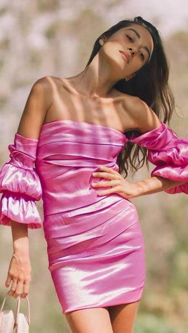 AIIZIE SATIN BARDOT MINI DRESS IN HOT PINK - product image
