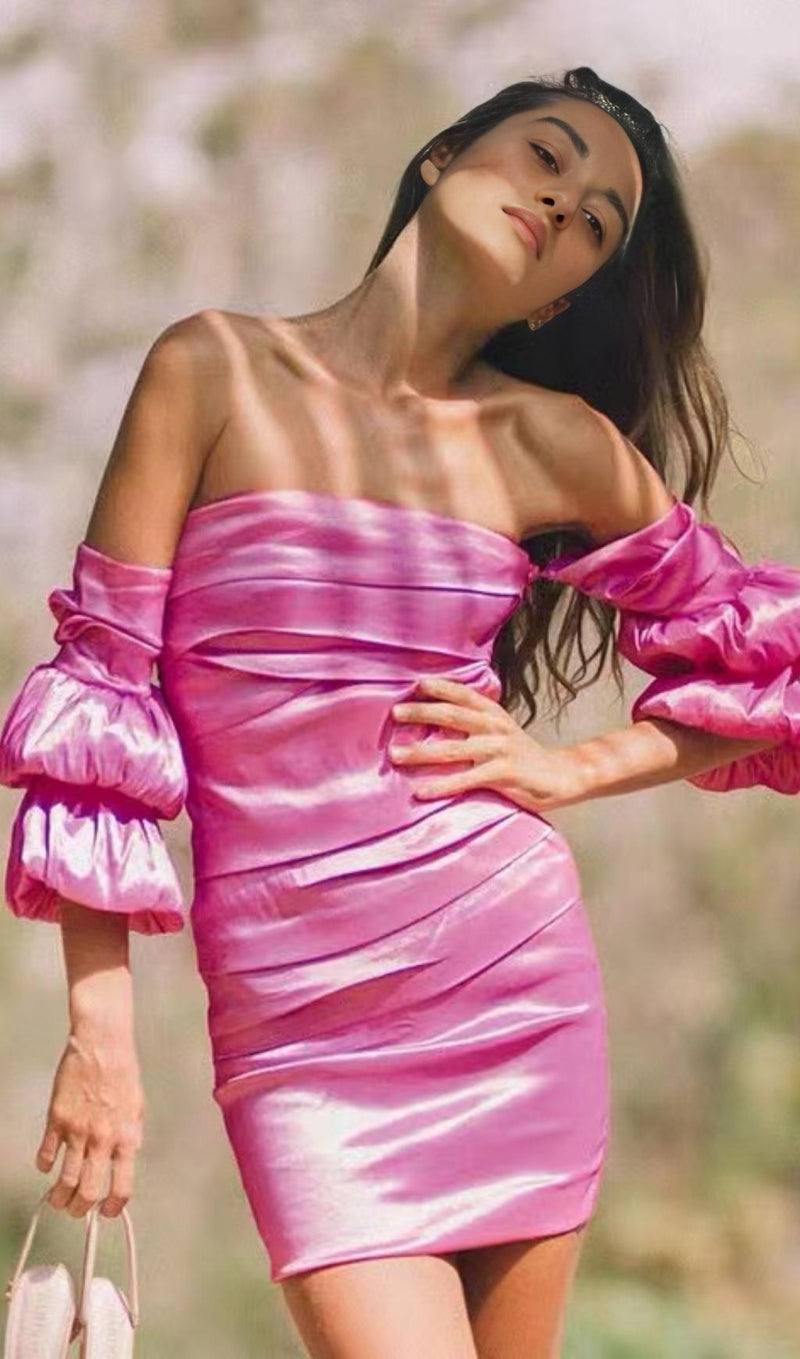 SATIN BARDOT MINI DRESS IN HOT PINK