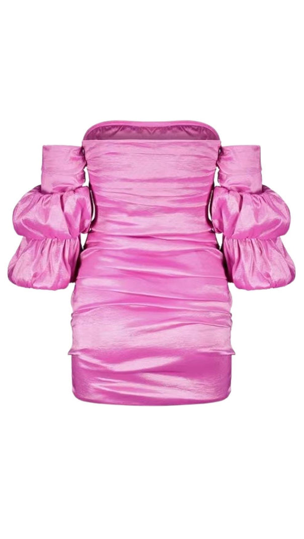 AIIZIE SATIN BARDOT MINI DRESS IN HOT PINK - product image