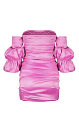 SATIN BARDOT MINI DRESS IN HOT PINK