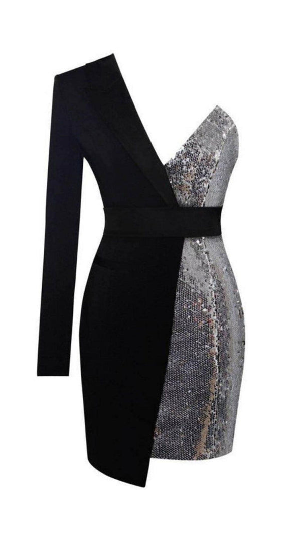 AIIZIE SILVER NIGHT ONE SLEEVED SEQUIN CREPE TUXEDO BLAZER DRESS - product image