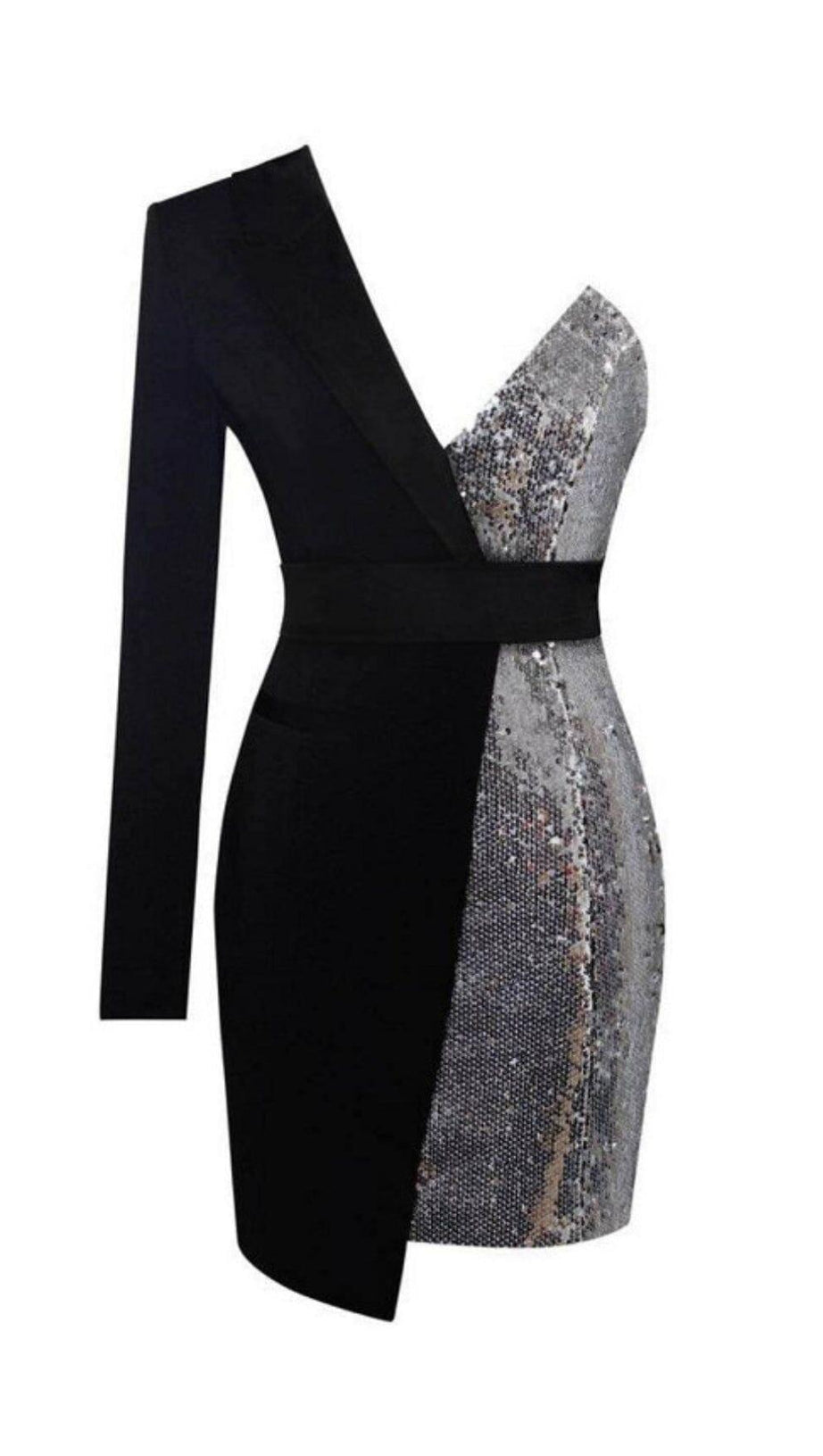 SILVER NIGHT ONE SLEEVED SEQUIN CREPE TUXEDO BLAZER DRESS