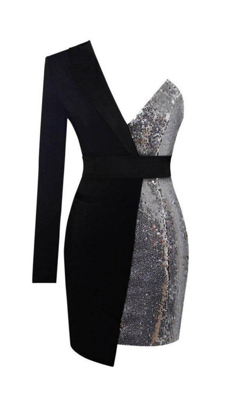 SILVER NIGHT ONE SLEEVED SEQUIN CREPE TUXEDO BLAZER DRESS