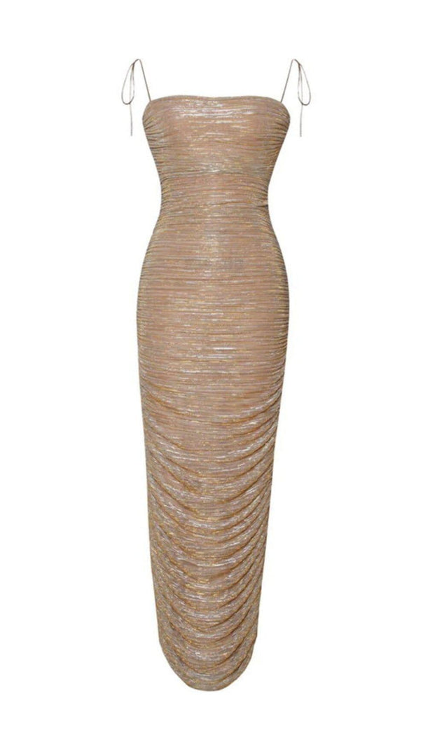 AIIZIE THE GLINT GOLD RUCHED CHIFFON LONG MAXI DRESS - product image