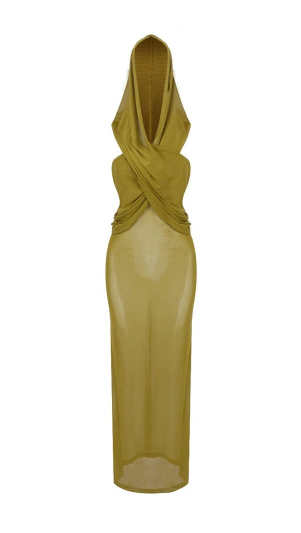 AIIZIE GINGER YELLOW SHEER EVENING GOWN WITH DRAPED HOOD - product image