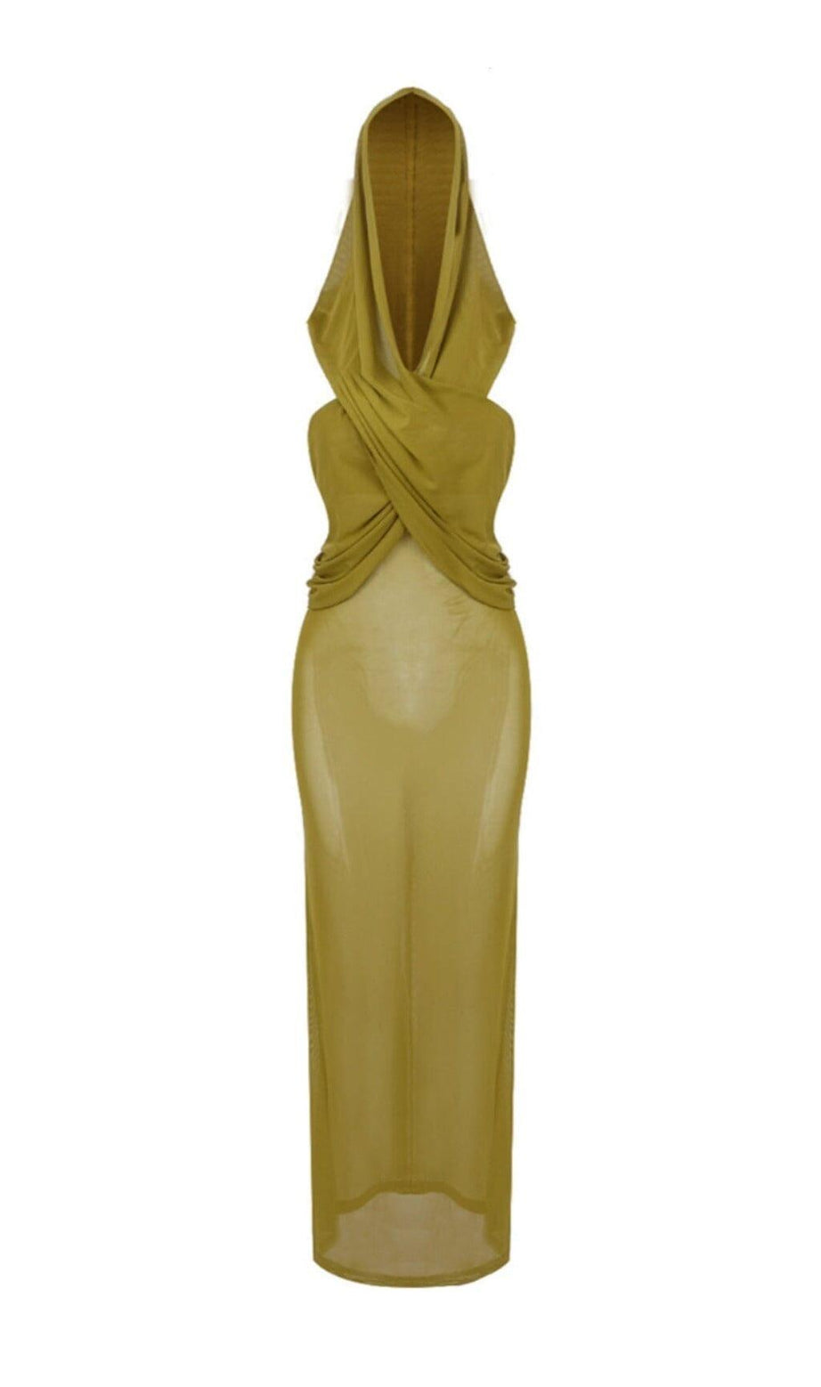 Ingwergelbes, transparentes Abendkleid mit drapierter Kapuze