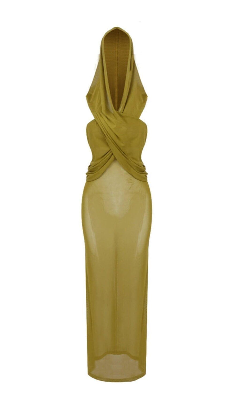 GINGER YELLOW SHEER EVENING GOWN WITH DRAPED HOOD