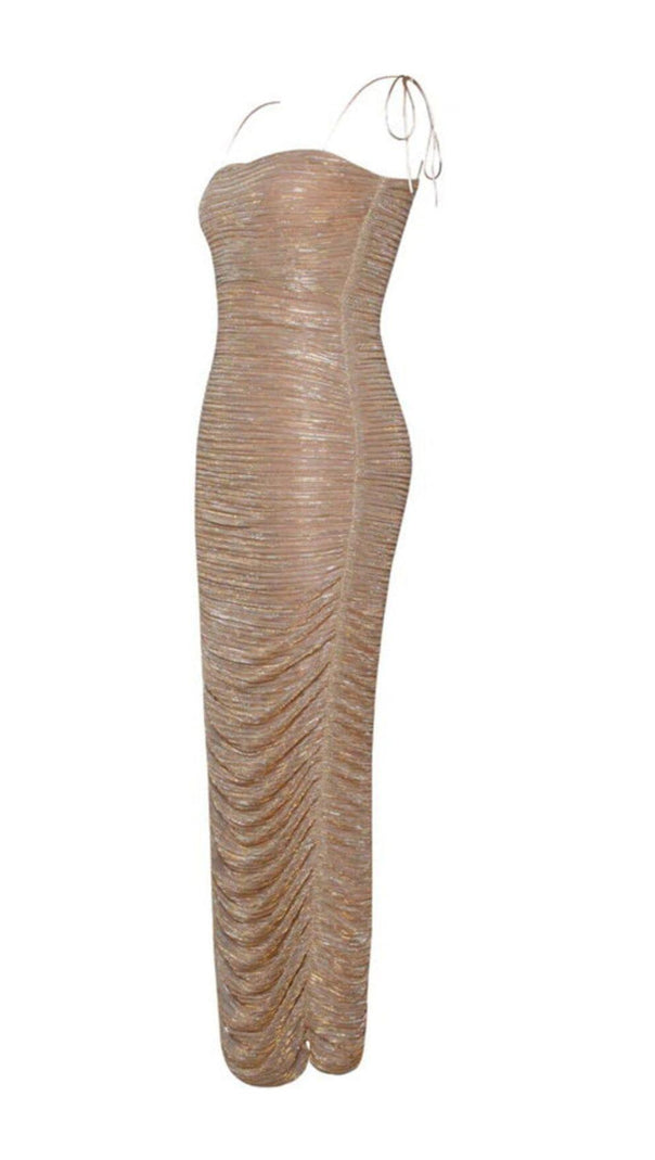 AIIZIE THE GLINT GOLD RUCHED CHIFFON LONG MAXI DRESS - product image