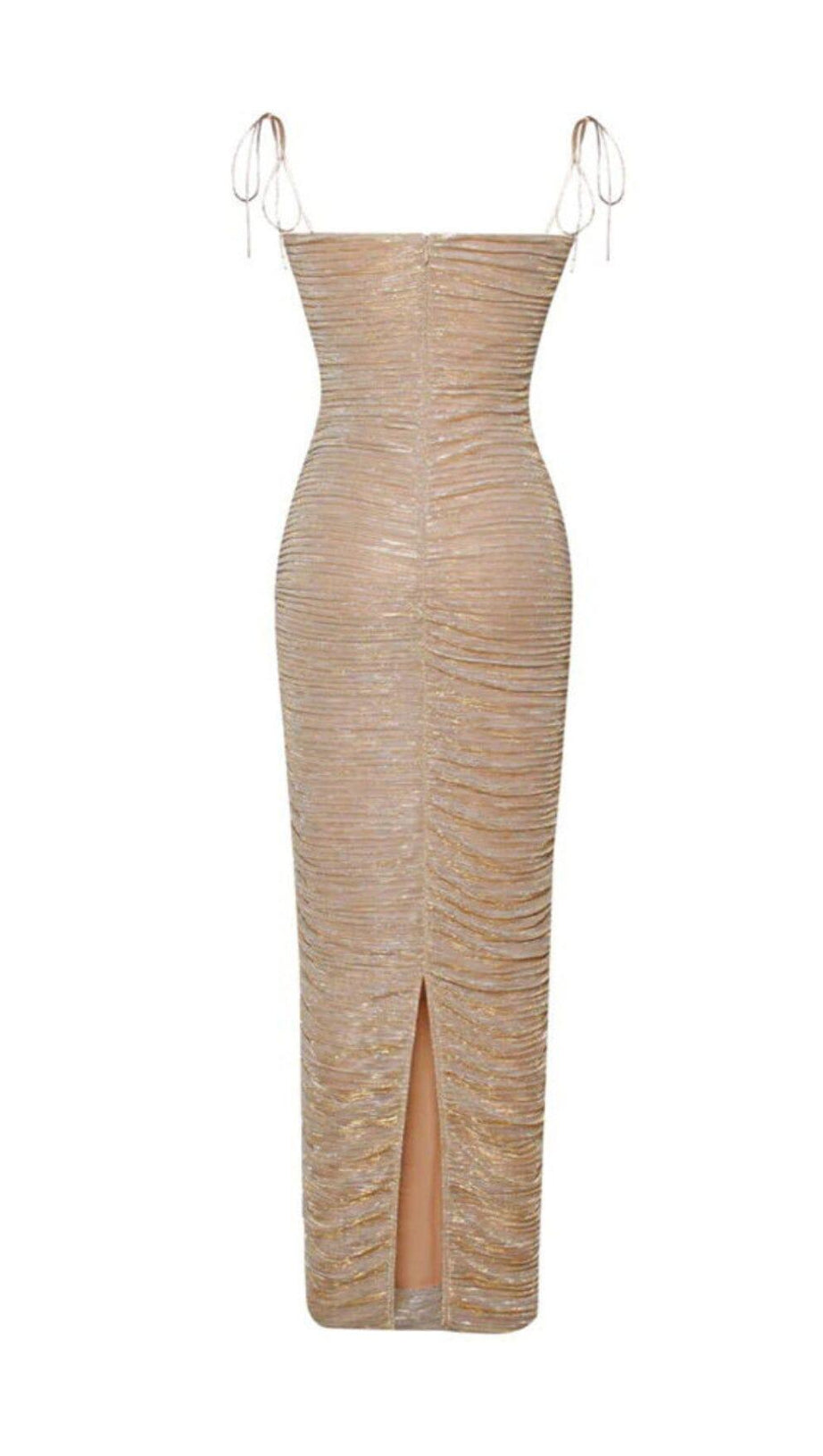 THE GLINT GOLD RUCHED CHIFFON LONG MAXI DRESS