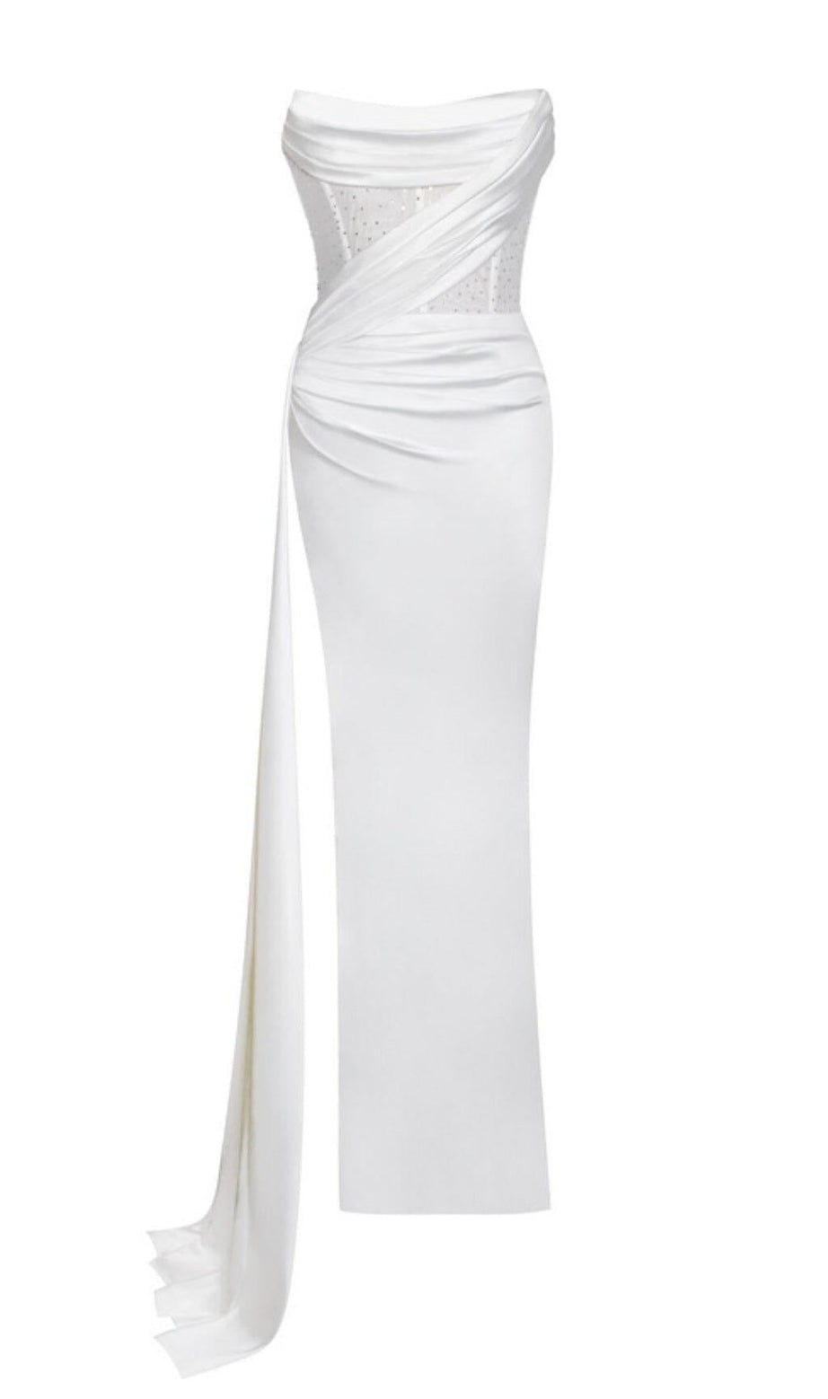 HOLLY WHITE CRYSTALLIZED CORSET HIGH SLIT SATIN GOWN