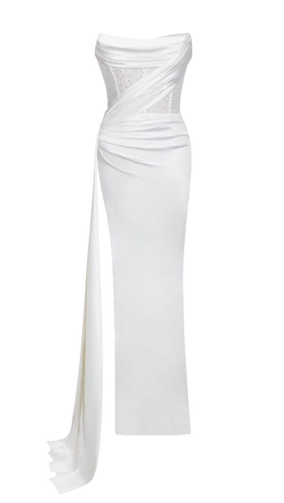 HOLLY WHITE CRYSTALLIZED CORSET HIGH SLIT SATIN GOWN