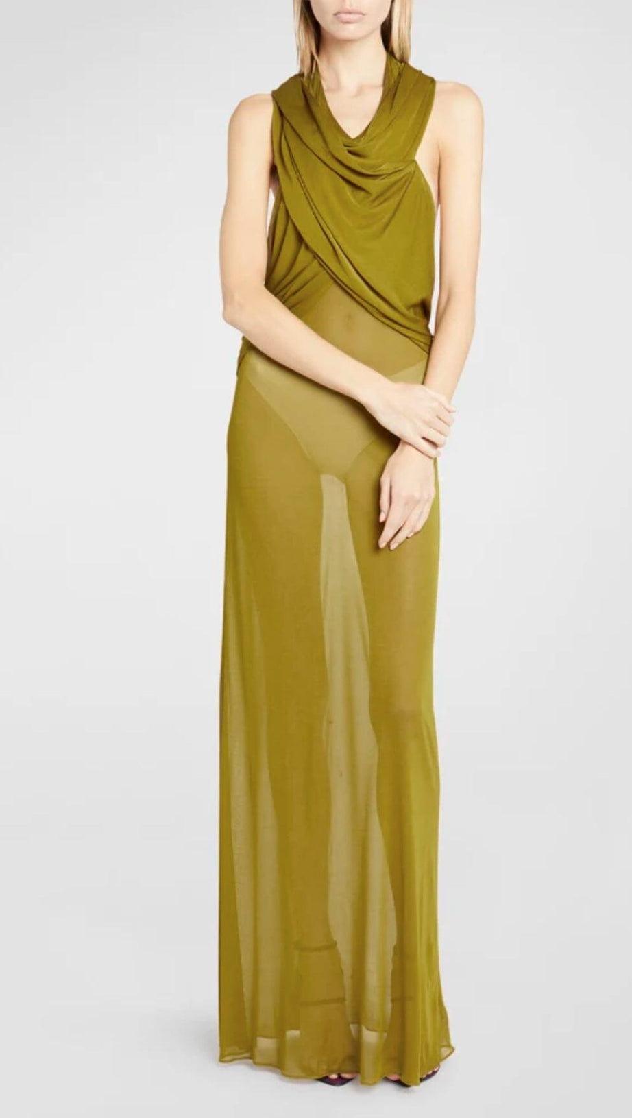 GINGER YELLOW SHEER EVENING GOWN WITH DRAPED HOOD