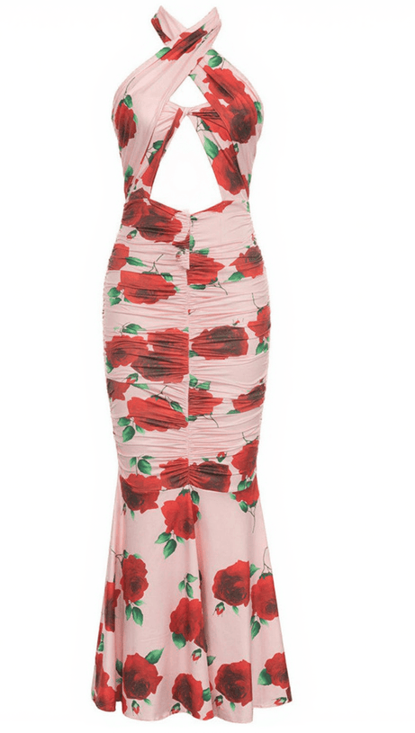 CHARLOTTE HALTERNECK ROSE PRINTED MAXI DRESS