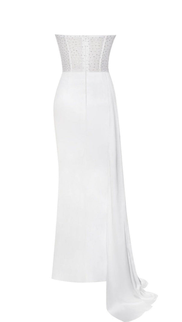 AIIZIE HOLLY WHITE CRYSTALLIZED CORSET HIGH SLIT SATIN GOWN - product image