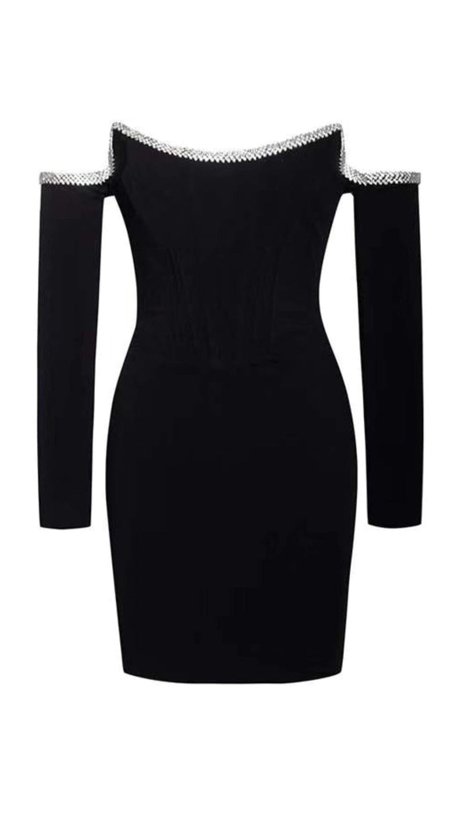 ANNIKA BLACK OFF SHOULDER LONG SLEEVE CORSET DRESS WITH CRYSTAL TRIM