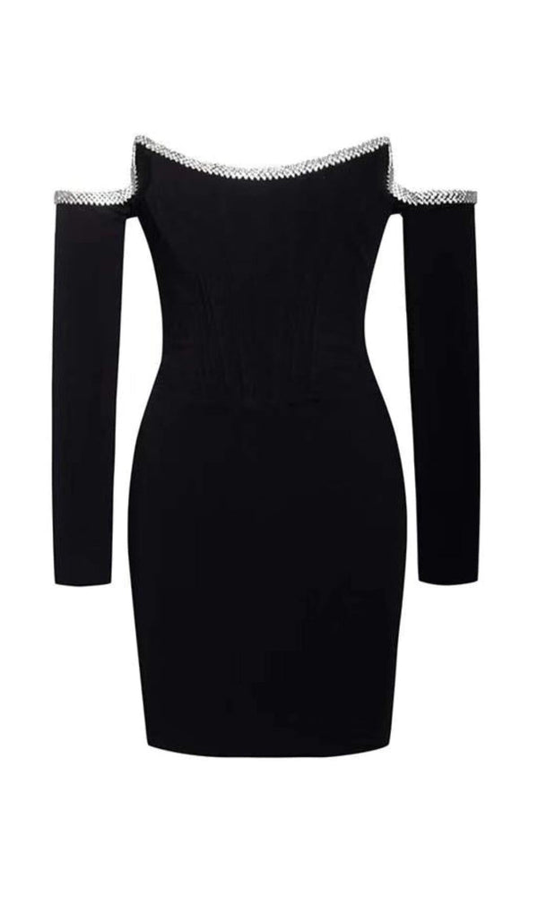 ANNIKA BLACK OFF SHOULDER LONG SLEEVE CORSET DRESS WITH CRYSTAL TRIM