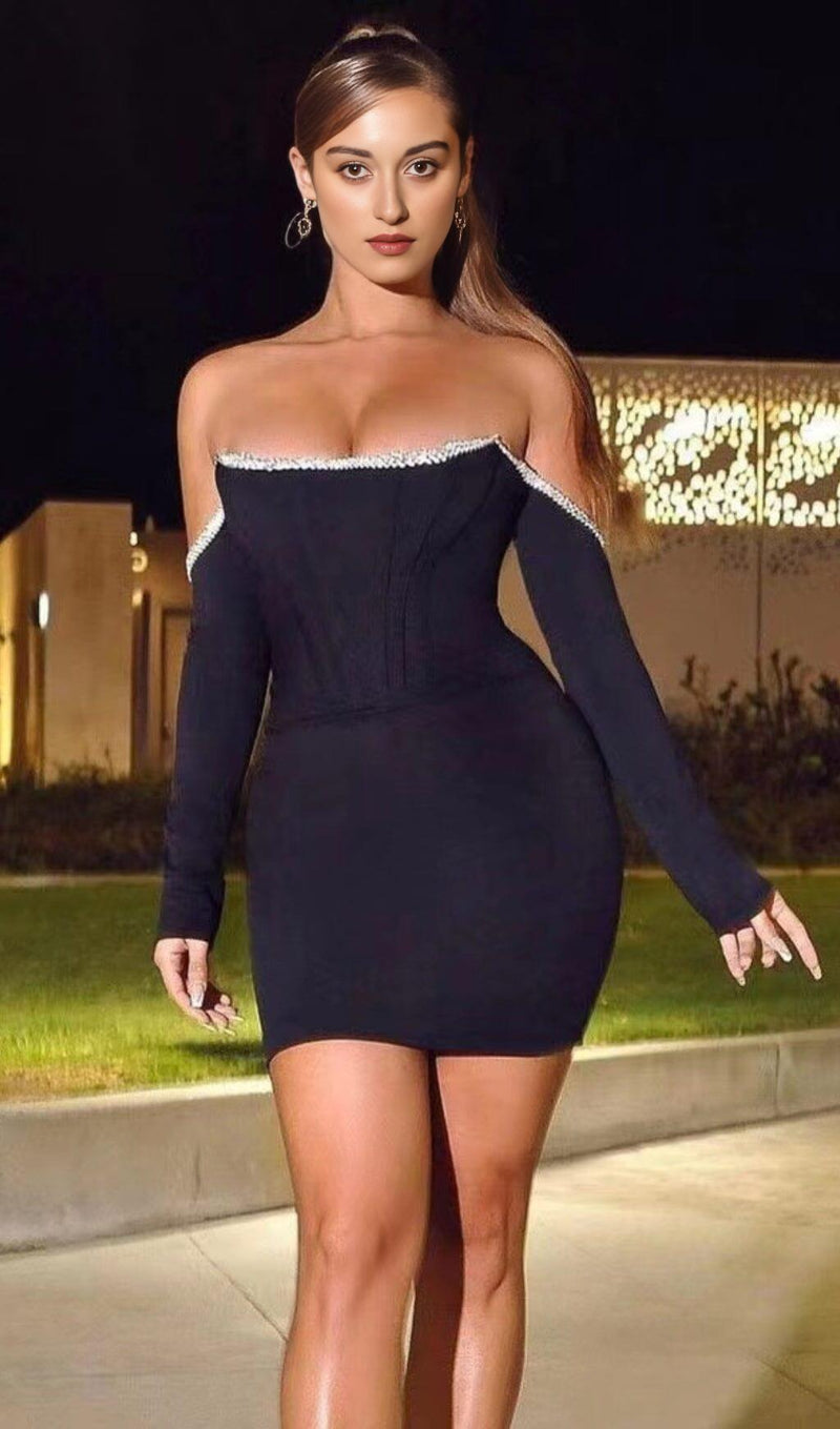 ANNIKA BLACK OFF SHOULDER LONG SLEEVE CORSET DRESS WITH CRYSTAL TRIM