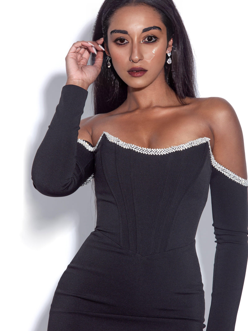 ANNIKA BLACK OFF SHOULDER LONG SLEEVE CORSET DRESS WITH CRYSTAL TRIM