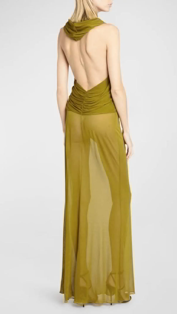 AIIZIE GINGER YELLOW SHEER EVENING GOWN WITH DRAPED HOOD - product image