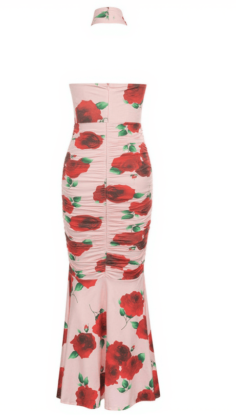 CHARLOTTE HALTERNECK ROSE PRINTED MAXI DRESS