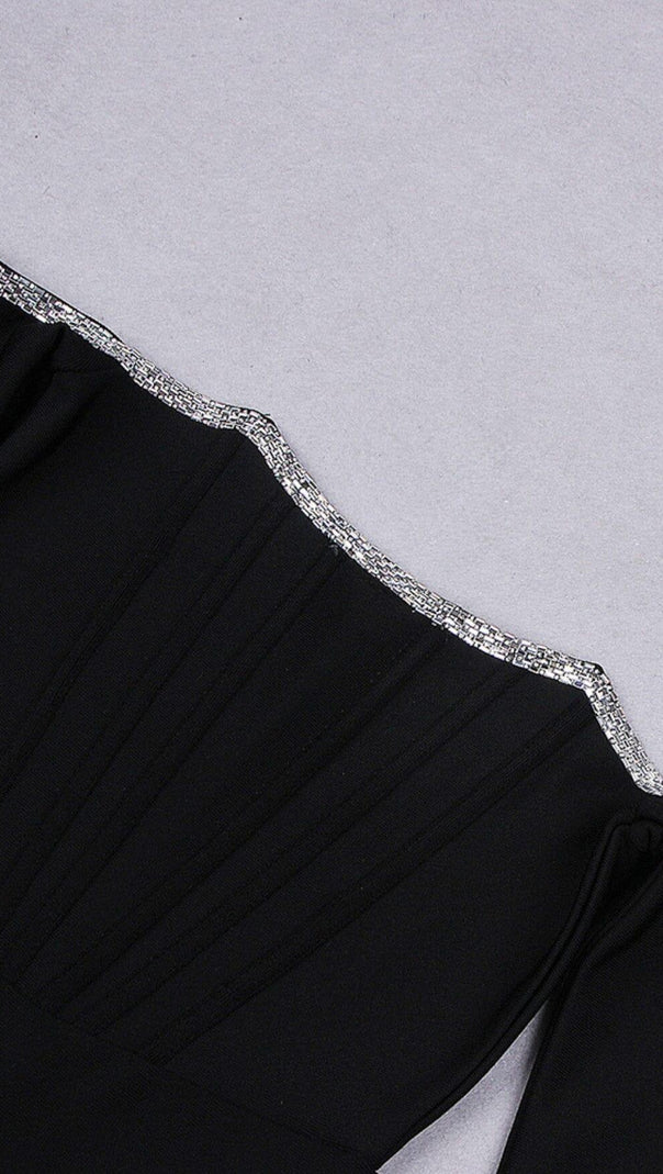 ABITO CORSETTO ANNIKA NERO CON SPALLE SCOPERTE, MANICHE LUNGHE E BORDI IN CRISTALLI