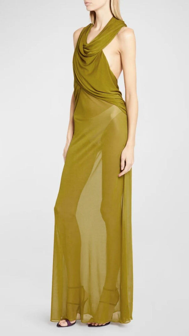 AIIZIE GINGER YELLOW SHEER EVENING GOWN WITH DRAPED HOOD - product image