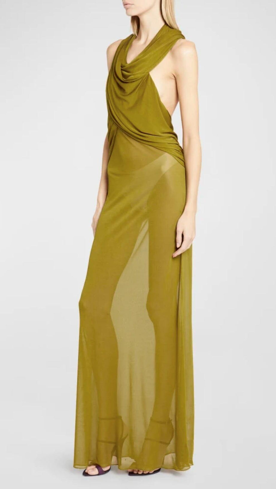 GINGER YELLOW SHEER EVENING GOWN WITH DRAPED HOOD