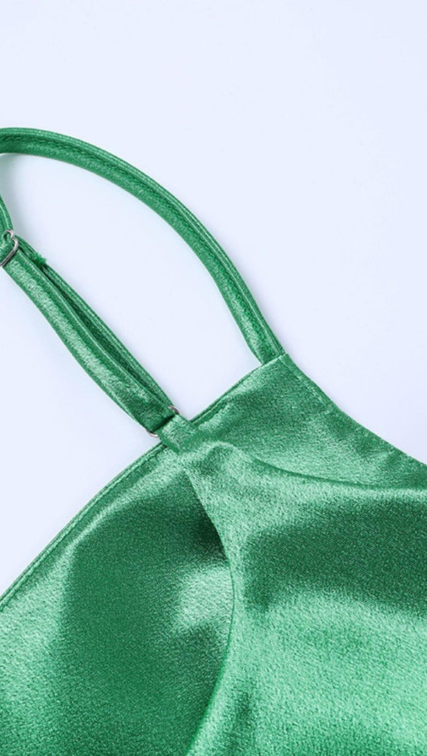 AIIZIE MONTEGO GREEN SATIN SIDE SLIT DRESS - product image