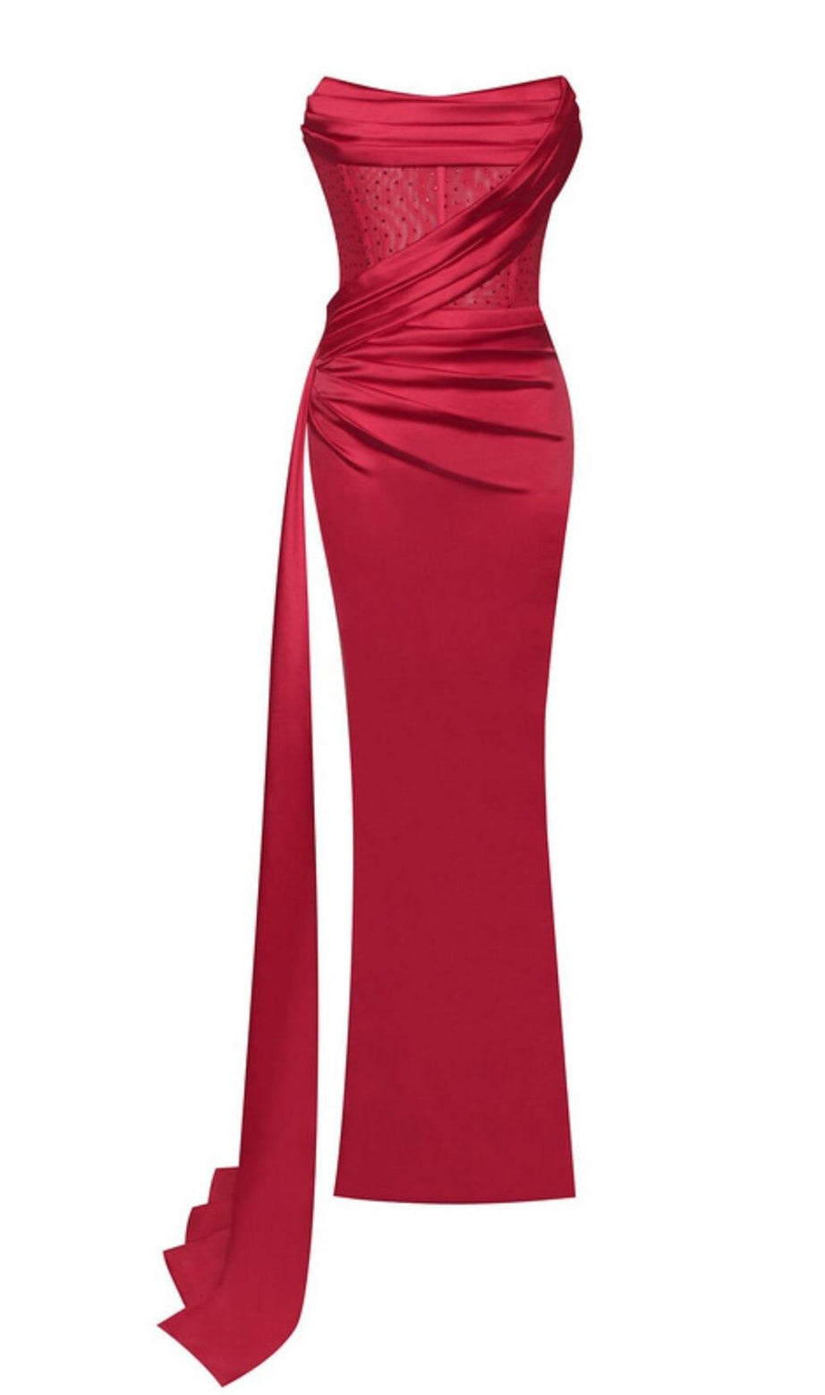 ABITO IN RASO CON SPACCO ALTO E CORSETTO CRISTALLIZZATO ROSSO AGRIFOGLIO