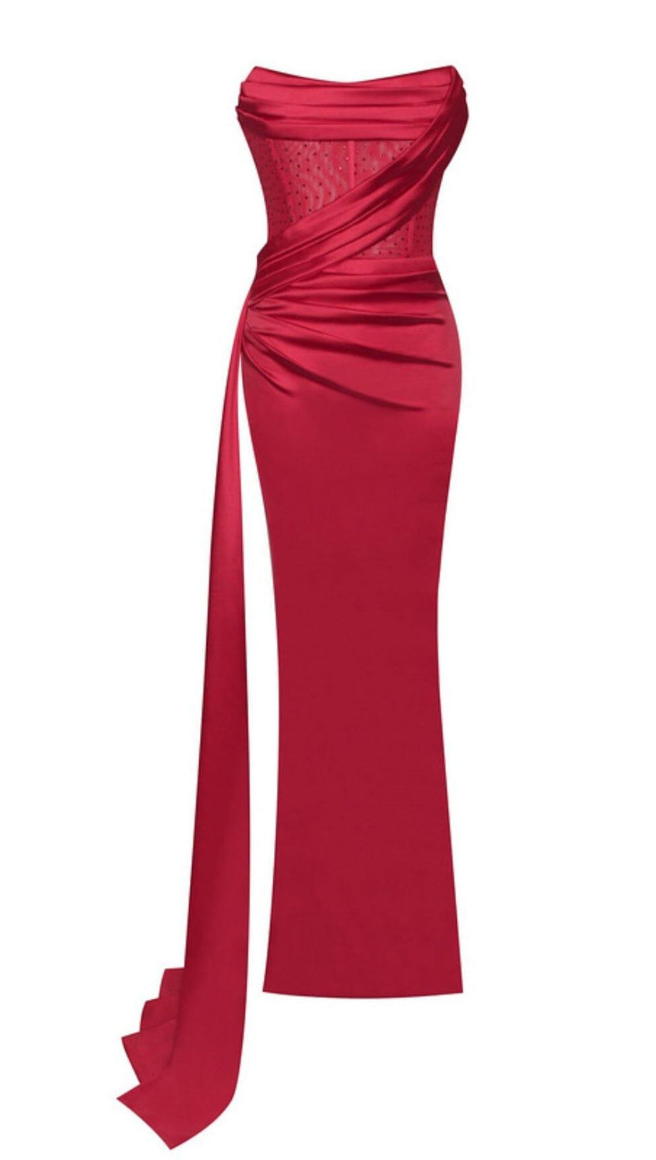 HOLLY RED CRYSTALLIZED CORSET HIGH SLIT SATIN GOWN